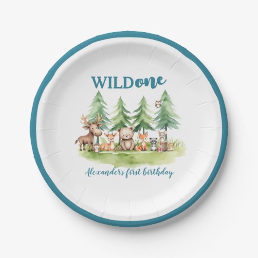彼は野生の – ウッドランド・アニマルズの最初の誕生日 ペーパープレート (正面)