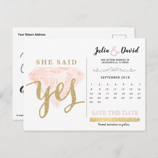 彼は頼、彼女はyes金ゴールドの輝きとピンクのダイヤモンドと言った ポストカード (正面/裏面)