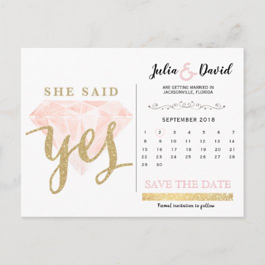 彼は頼、彼女はyes金ゴールドの輝きとピンクのダイヤモンドと言った ポストカード (正面)