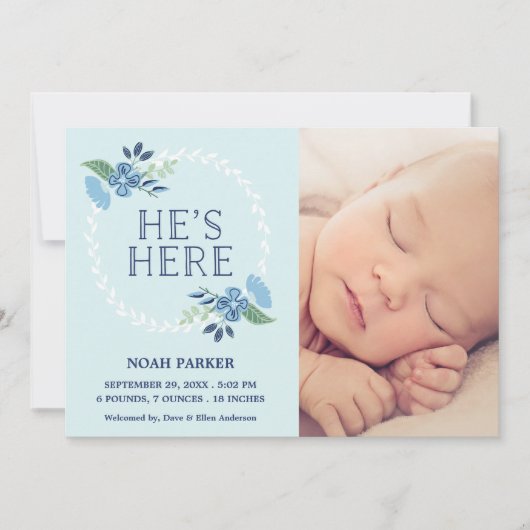 彼は|の誕生の発表ここにいます 案内状 (正面)