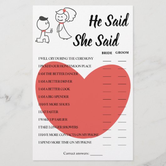 彼は、彼女がカップ結婚ルシャワーゲームカードを言ったと言った チラシ (正面)