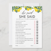 彼は、彼女はゲームカードレモンブライダルシャワーと言った 招待状 (正面)