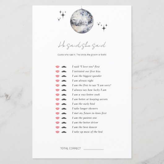 彼は、彼女はディスコボールブライダルシャワーゲームと言った (正面)