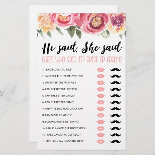 彼は、彼女はブライダルシャワーまたはヘンのパーティーゲームと言った (正面/裏面)