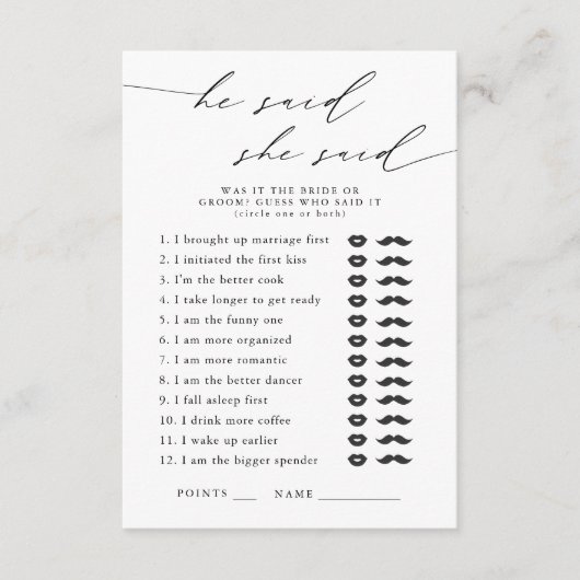 彼は、彼女はブライダルシャワーパーティーゲームと言った エンクロージャーカード (正面)