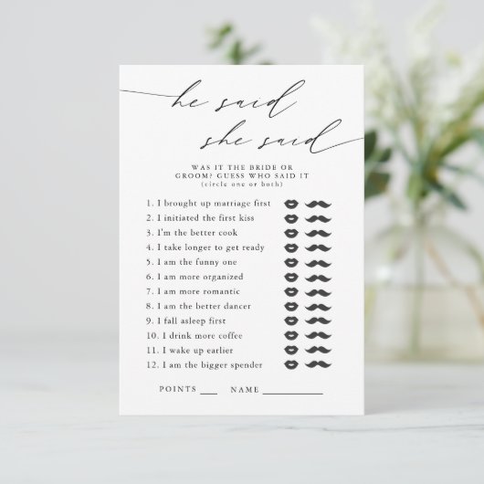 彼は、彼女はブライダルシャワーパーティーゲームと言った エンクロージャーカード (スタンド正面)