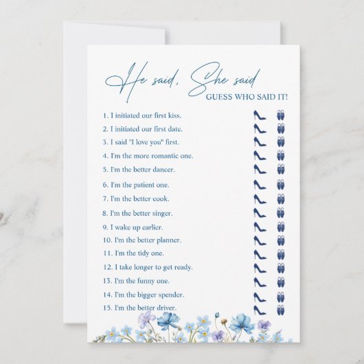 彼は、彼女はブライダルシャワーフローラゲームカードと言った 招待状 (正面)