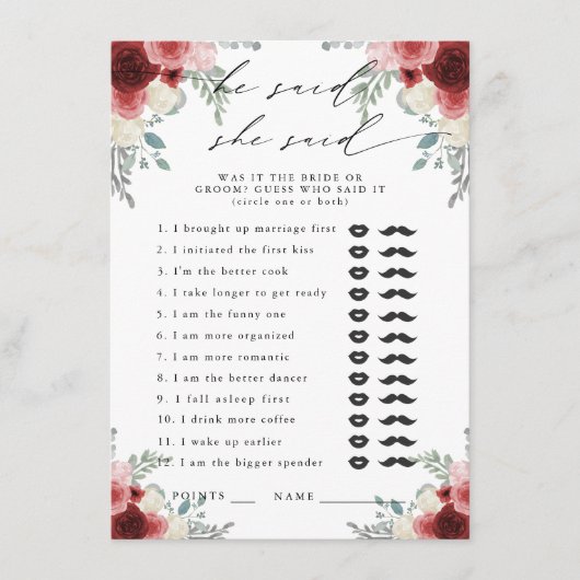 彼は、彼女はワインフローラパーティーゲームと言った エンクロージャーカード (正面)