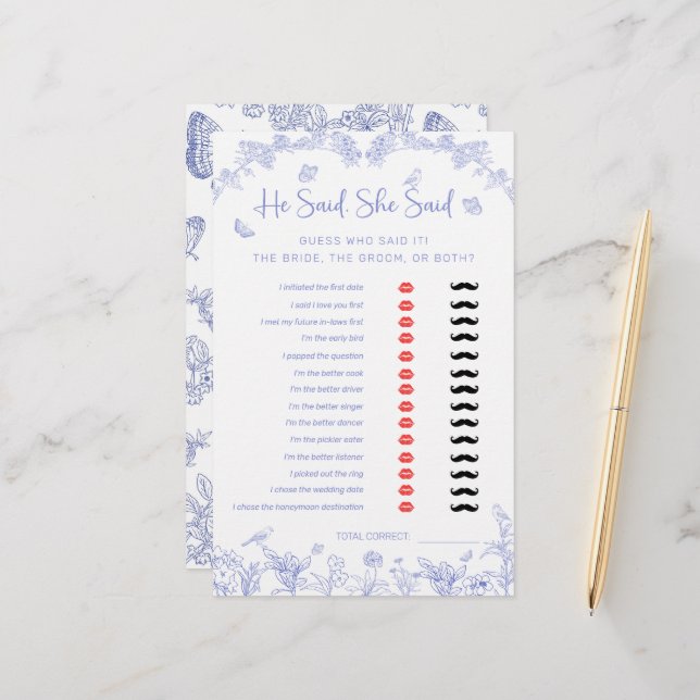 彼は、彼女はChinoiserieブライダルシャワーゲームと言った (正面/裏面インサイチュ)