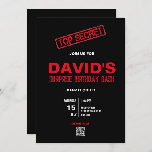 彼へのサプライズパーティーの招待状(QRコード付き) 招待状 (正面/裏面)