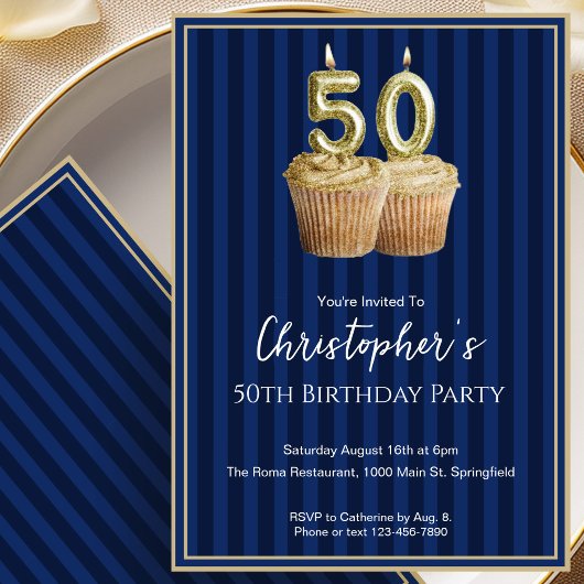 彼へのブルーゴールドのユニークな50歳の誕生日招待状 招待状