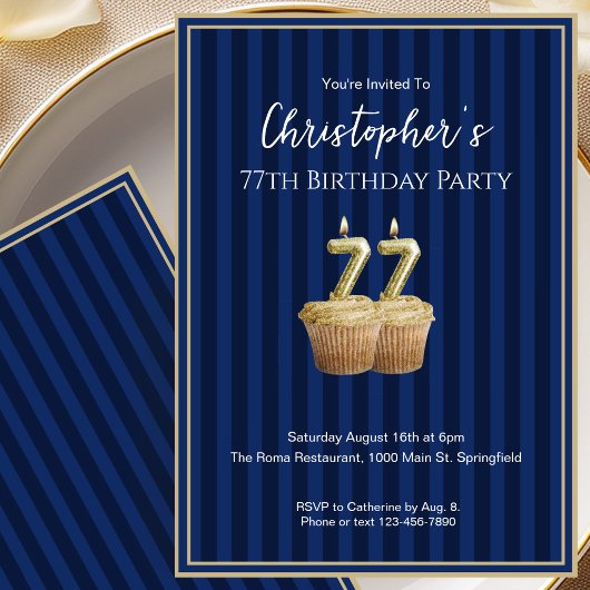彼へのブルーゴールドのユニークな77歳の誕生日招待状 招待状