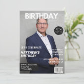 彼へのモダンな雑誌の表紙 77歳の誕生日写真 招待状 (スタンド正面)