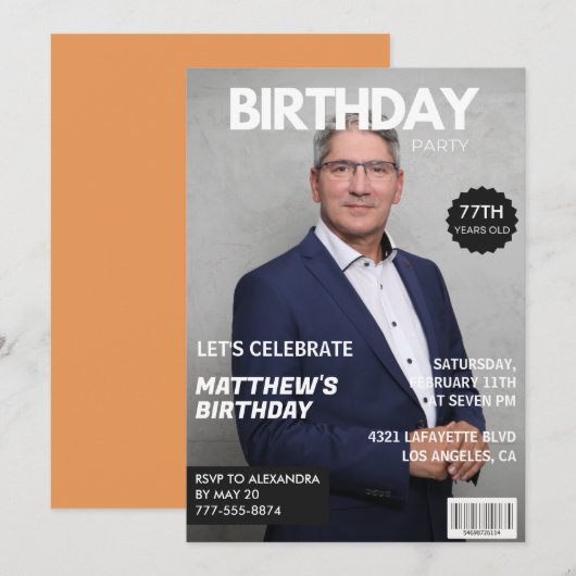 彼へのモダンな雑誌の表紙 77歳の誕生日写真 招待状 (正面/裏面)