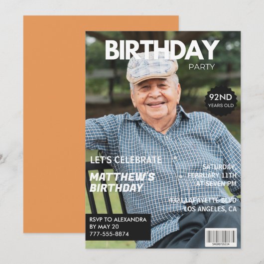 彼へのモダンな雑誌の表紙 92歳の誕生日写真 招待状 (正面/裏面)