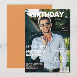 彼へのモダンな雑誌風バースデーカード 54歳の誕生日 招待状