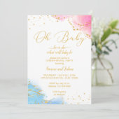 彼または彼女ああベビーピンクと青のグリッター招待状 招待状 (スタンド正面)