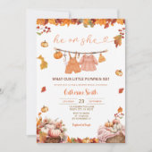 彼または彼女かぼちゃのジェンダーが秋の赤ちゃん服を明らかにする 招待状 (正面)