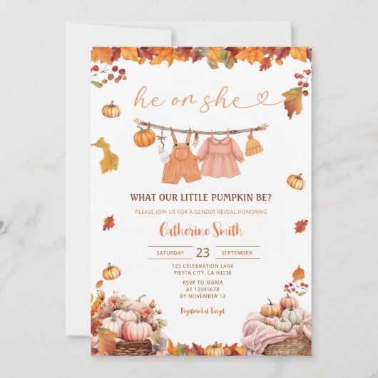 彼または彼女かぼちゃのジェンダーが秋の赤ちゃん服を明らかにする 招待状 (正面)