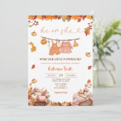 彼または彼女かぼちゃのジェンダーが秋の赤ちゃん服を明らかにする 招待状 (スタンド正面)