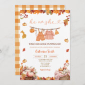彼または彼女かぼちゃのジェンダーが秋の赤ちゃん服を明らかにする 招待状 (正面/裏面)