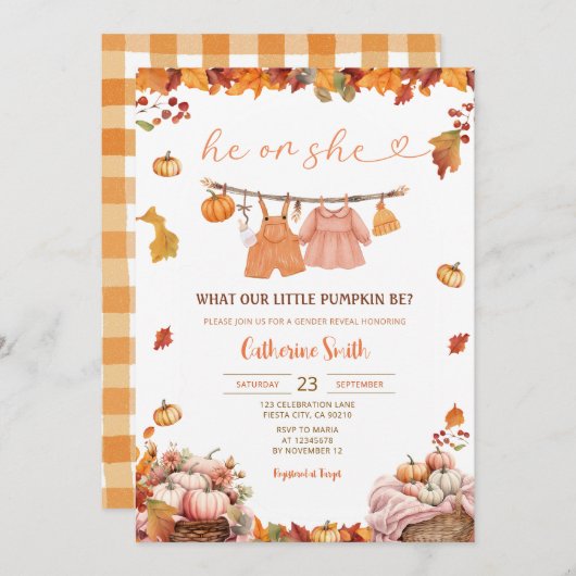 彼または彼女かぼちゃのジェンダーが秋の赤ちゃん服を明らかにする 招待状 (正面/裏面)