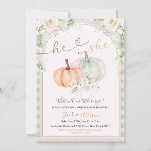 彼または彼女かぼちゃセージ緑のギンガムジェンダー明かす 招待状 (正面)