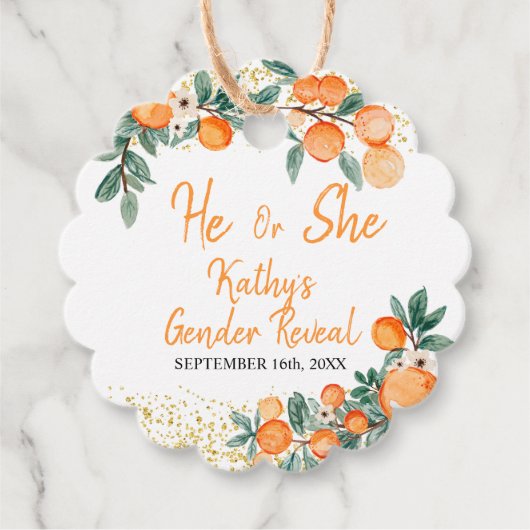 彼または彼女がオレンジの小さなかわいこちゃんを明かす フェイバータグ (正面)