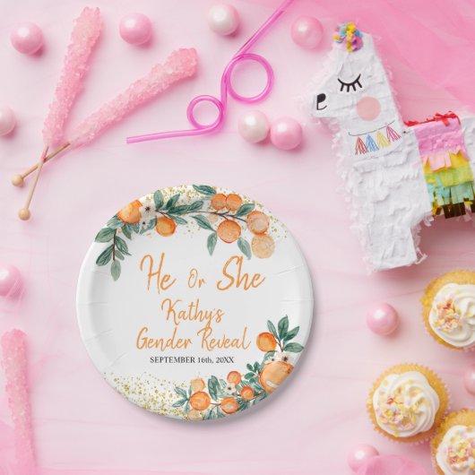 彼または彼女がオレンジの小さなかわいこちゃんを明かす ペーパープレート (パーティー)