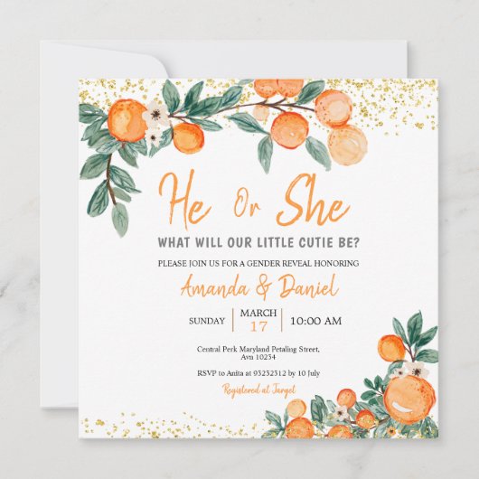 彼または彼女がオレンジの小さなかわいこちゃんを明かす 招待状 (正面)