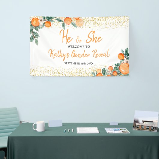 彼または彼女がオレンジの小さなかわいこちゃんを明かす 横断幕 (トレードショー)