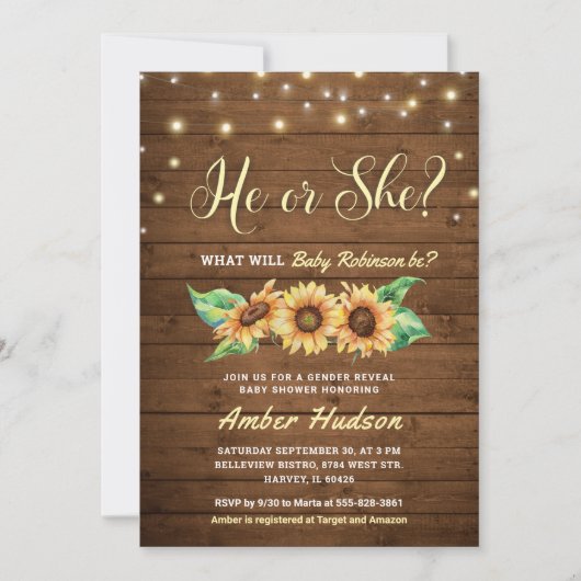 彼または彼女が性別を明かすパーティーシャワー 招待状 (正面)