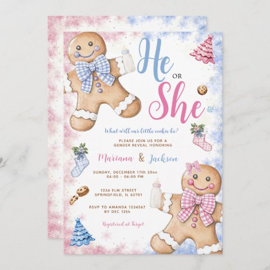 彼または彼女のかわいいジンジャーブレッドのクリスマスジェンダーが明かす 招待状 (正面/裏面)