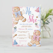 彼または彼女のかわいいジンジャーブレッドクリスマス性別発表 招待状 (スタンド正面)