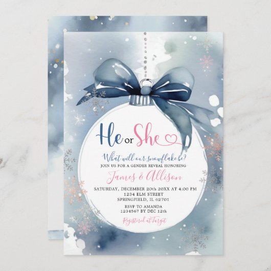 彼または彼女のほこりっぽい青い冬のオーナメント性別を明かす 招待状 (正面/裏面)