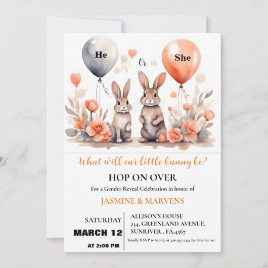 彼または彼女のイースターバニーのバルーン性別を明らかにする 招待状 (正面)
