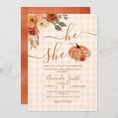 彼または彼女のギンガム秋パンプキンジェンダー明かす 招待状 (正面/裏面)
