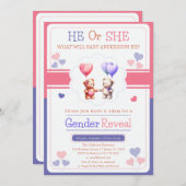 彼または彼女のテディベアの風船のジェンダーの明かす 招待状 (正面/裏面)