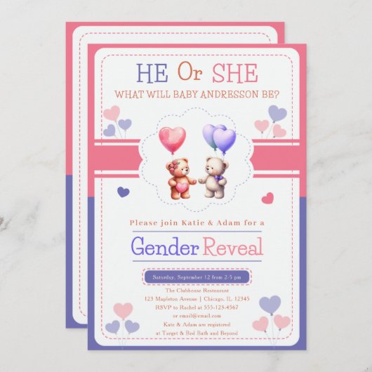 彼または彼女のテディベアの風船のジェンダーの明かす 招待状 (正面/裏面)