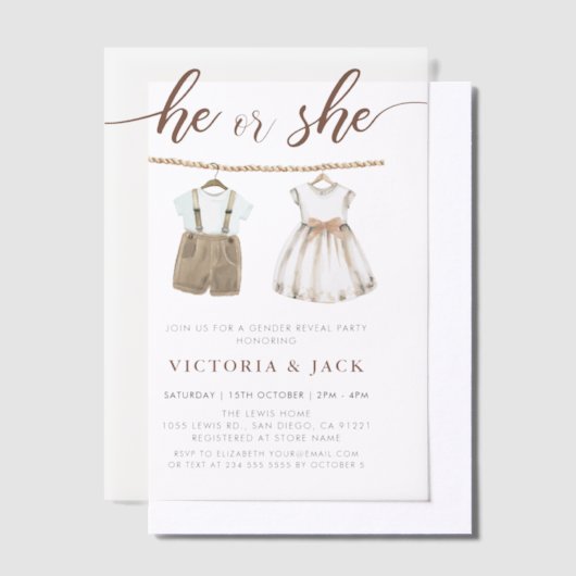 彼または彼女のニュートラル赤ちゃん服ジェンダーが明らかにする ベラム紙招待状 (オフセット)