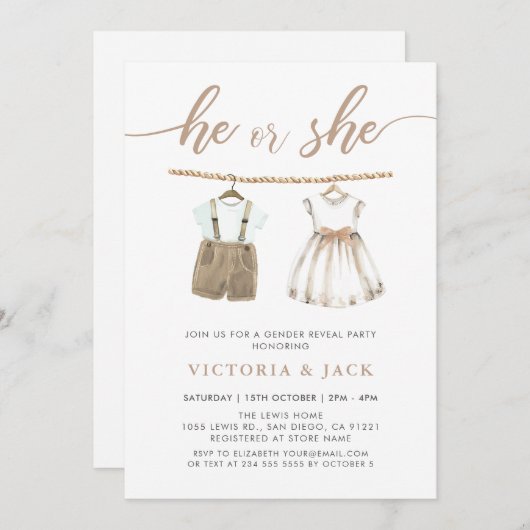 彼または彼女のニュートラル赤ちゃん服ジェンダーが明らかにする 招待状 (正面/裏面)