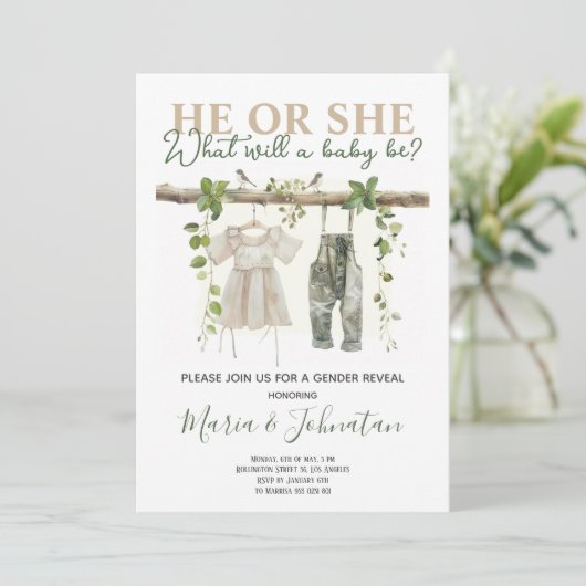 彼または彼女のニュートラルBoho赤ちゃん服ジェンダーが明らかにする 招待状 (スタンド正面)