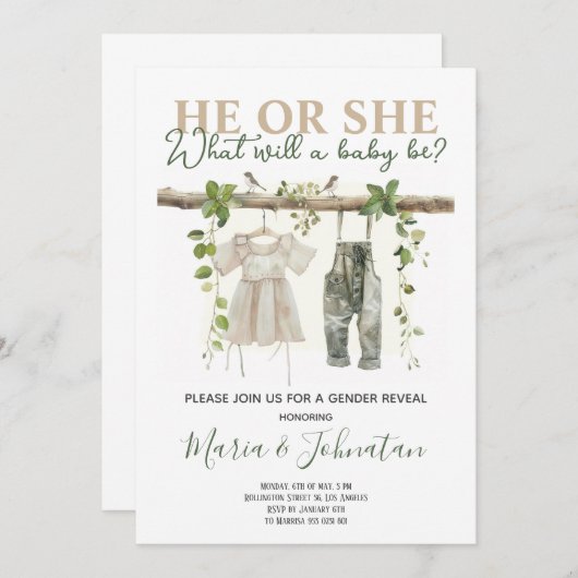彼または彼女のニュートラルBoho赤ちゃん服ジェンダーが明らかにする 招待状 (正面/裏面)