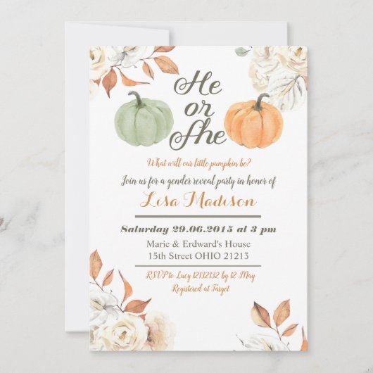 彼または彼女のパンプキン秋の性別発表招待状 招待状 (正面)