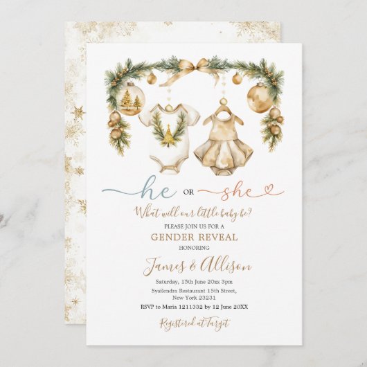 彼または彼女のベビークロザ金ゴールドクリスマスジェンダー明かす 招待状 (正面/裏面)