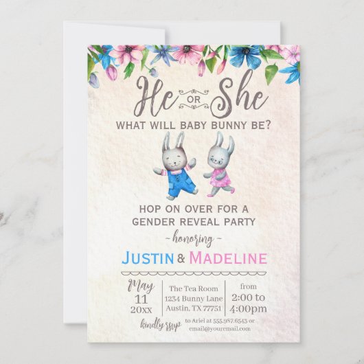 彼または彼女のベビーバニージェンダーのパーティーを明かす 招待状 (正面)