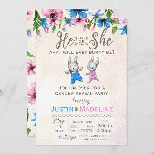 彼または彼女のベビーバニージェンダーのパーティーを明かす 招待状 (正面/裏面)