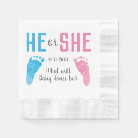 彼または彼女のベビー性足跡のパーティーを明らかにする 縁ありカクテルナプキン (正面)
