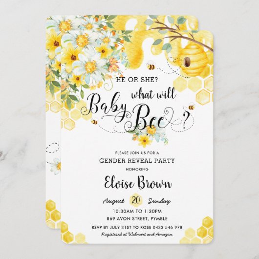 彼または彼女のミツバチ黄色のフローラ性明らかにパーティー 招待状 (正面/裏面)