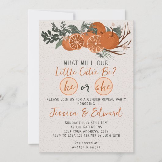 彼または彼女の小さなかわいこちゃんオレンジのジェンダーを明かす 招待状 (正面)